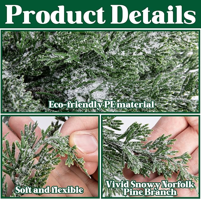 10 Packs 16.5" Artificial Christmas Snow Pine Branches, Snow Flocked Faux Greenery Norfolk Pine Sprigs Cypress Stems, White Frosted Fake Foliage Pine Needle Picks for DIY Craft Garland Home Decor