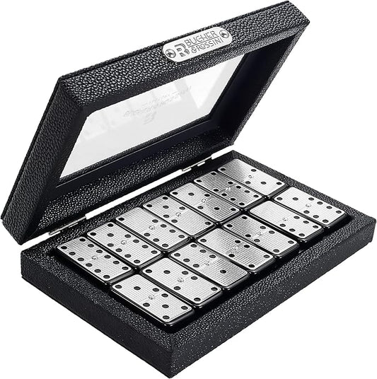 Bucher&Rossini Metal Surface Dominoes Set Double 6 - Classic Black Domino's Game Set with Silver Metal Surface for Adults and Kids Ideal Gift for Domino Players or Family Game Night