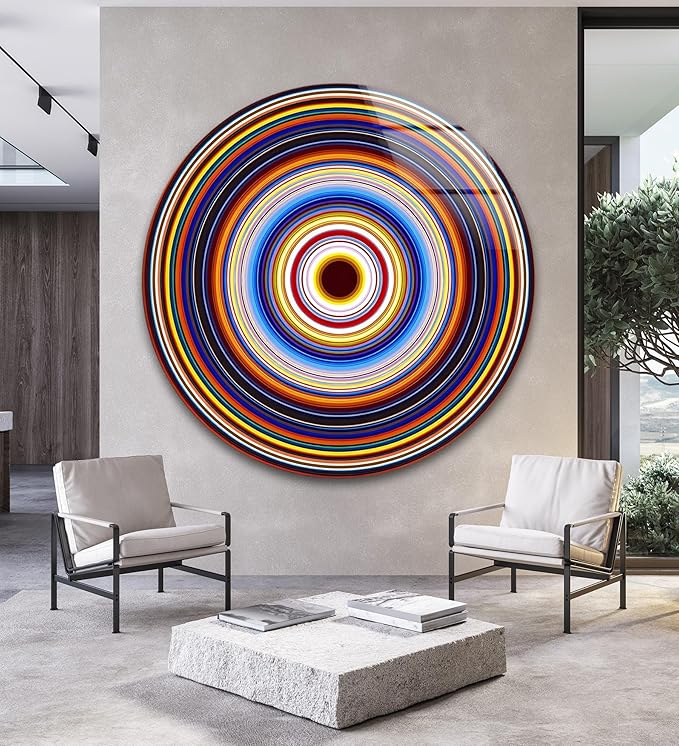 My Photostation.com 39,4''(100cm) Diameter Colorful Concentric Circles Round Glass Wall Art Tempered Glass Printing Wall Decor Large Wall Art Wall Hangings