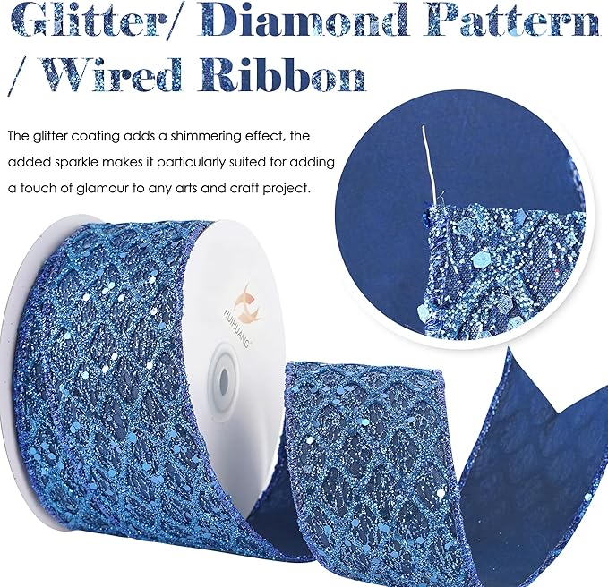 HUIHUANG Navy Blue Wired Ribbon 2.5 inch Glitter Diamond Mesh Wire Edge Ribbon for Christmas Tree, Wreaths, Garland, Gift Wrapping, Bows Making, Holiday Decor -10 Yards