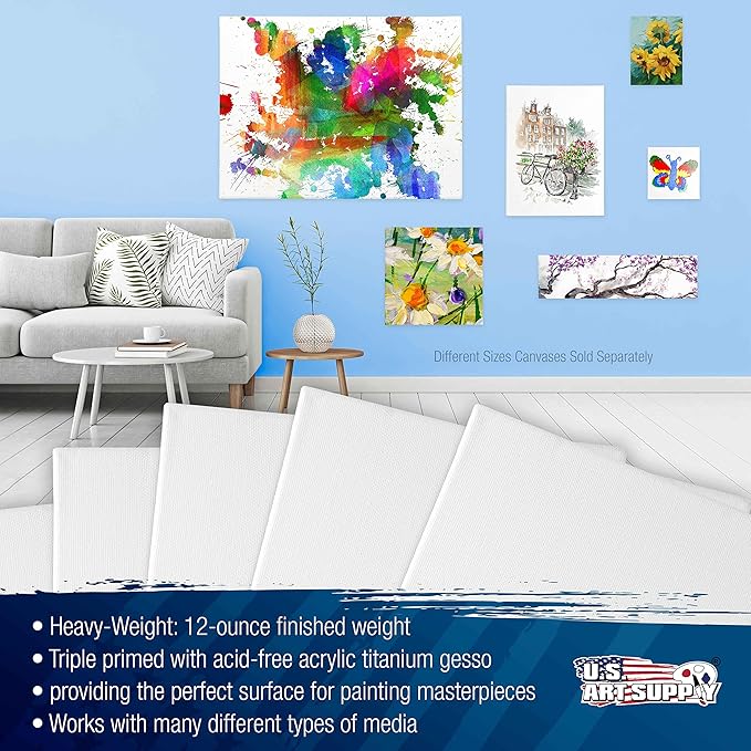 U.S. Art Supply 16 x 16 inch Stretched Canvas for Painting, 12oz Triple Primed, 6-Pack - Professional Artist Quality White Blank 3/4" Profile, 100% Cotton, Heavy-Weight Gesso - Acrylic Pouring, Oil