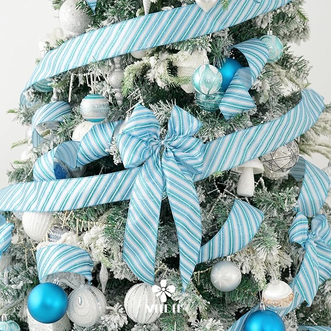 MEEDEE Blue Diagonal Stripe Ribbon 2.5 Inch Blue Satin with Turquoise and Teal Glitter Wired Ribbon for Wreath Bow, Topper Bow, Tree, Garlands (10 Yards)