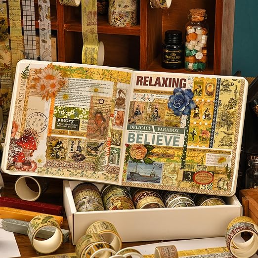 36 Rolls Vintage Washi Tape Pack Retro Arts Adhesive Tapes Wide Chronicle Decorative Masking Tape Sets for Craft, Kids, Scrapbook, DIY, Gift Wrapping (Madame de Pompadour)