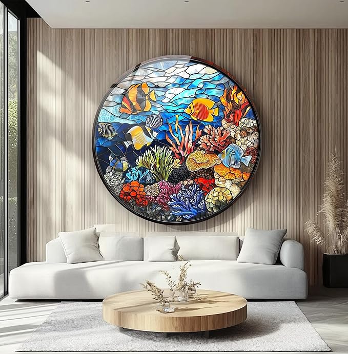 My Photostation.com 39,4''(100cm) Diameter Coral Reef Mosaic Round Glass Wall Art Tempered Glass Printing Wall Decor Large Wall Art Wall Hangings