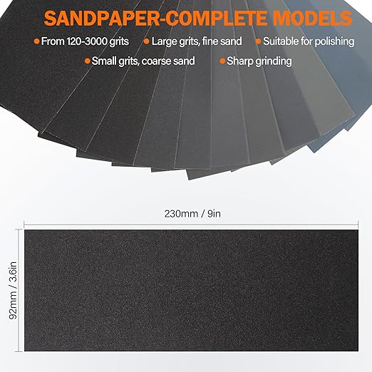 KENDO 44pcs Sandpaper Variety Pack Sandpaper 14 Grits Assorted for Wood Furniture Finishing, Metal Sanding and Automotive Polishing, Wet Dry Sandpaper