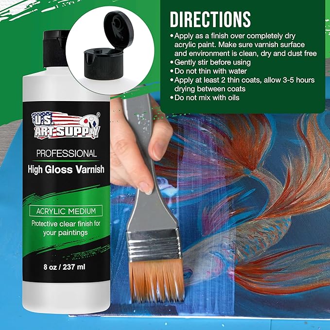 U.S. Art Supply 8 oz High Gloss Varnish for Acrylic Paintings - Clear Protective Finish with UV Protection