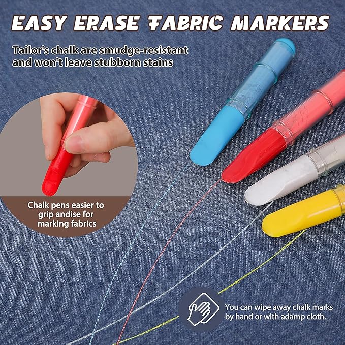 Fabric Chalk Markers for Sewing,Quilting,Crafting|Erasable Tailor Chalk|Work on Various Fabrics|Dosing Wheel Drawing Intricate Patterns Precise Lines-Per Pack(Red,Yellow,Blue,White and 1Ruler)