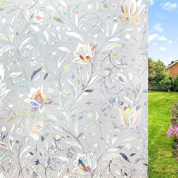 NINETREX Window Privacy Film,3D Stained Glass Window Film,Decorative Window Covering Sun Blocking Vinyl Static Cling Anti-UV Heat Control for Home Decor,Tulip 35.4 x 157.4inch