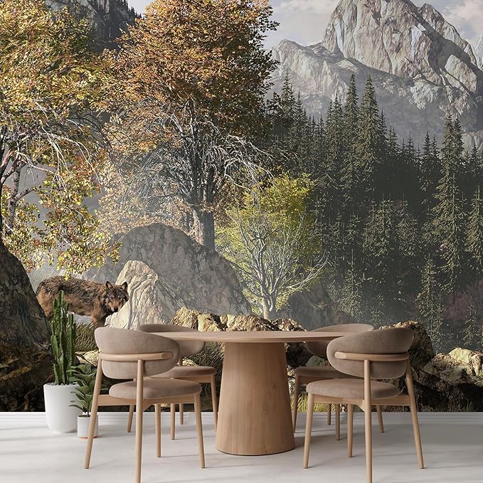 wall26 Wall Sticker/Wall Mural Wolf Near a Lake in a Rocky Mountain Landscape, Not Peel and Stick, Non-Woven Wallpaper Decorative for Bedroom, Living Room, Office - 132x168 inches