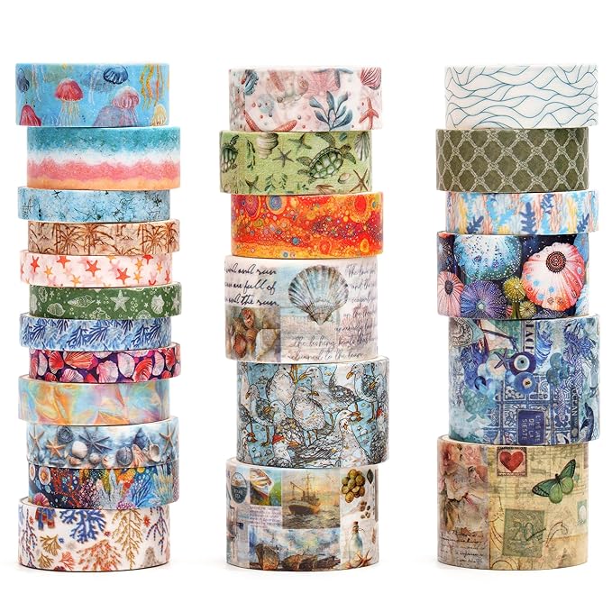 Vintage Washi Tape Set - 24 Rolls Arts Adhesive Tapes Assorted Retro Decorative Masking Tape Sets for Craft, Kids, Scrapbook, DIY, Gift Wrapping (8-Sea Treasures)