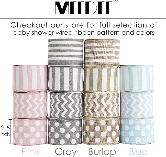 MEEDEE Pink Striped Burlap Ribbon - 2.5 Inch Wired Ribbon for Baby Girl Wreaths & Cakes, 10 Yards