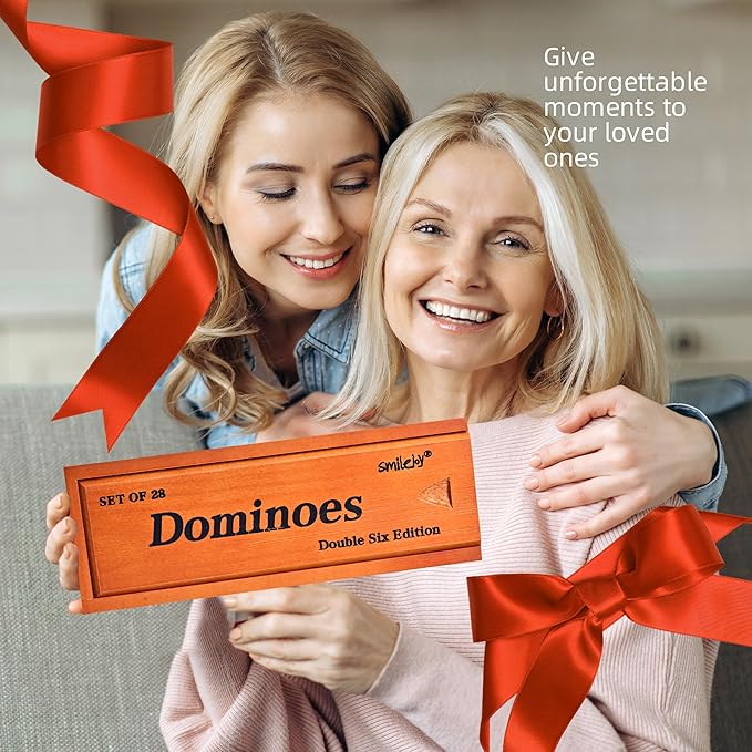 Smilejoy Dominos Set for Adults -Jumbo Size Dominoes Double Six Edition- Classic Board Games- Thick Size Double 6 Domino Set with Deluxe Brown Wood Box, 28 Tiles (2-4 Players)