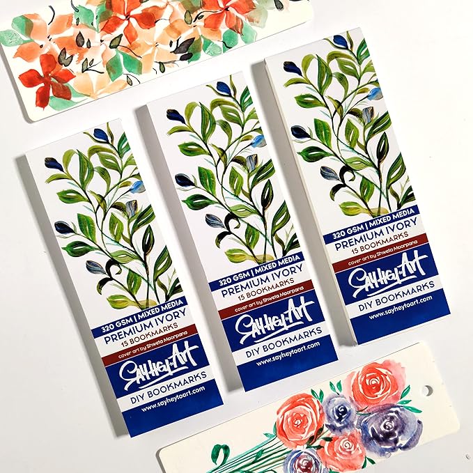 320gsm Premium Ivory Professional Bookmark Sketchpads/for All Mediums, Calligraphy, Charcoal, acrylics, Gouache / (Pack of 2 - a Total of 30 DIY Bookmarks) / Blue Florals