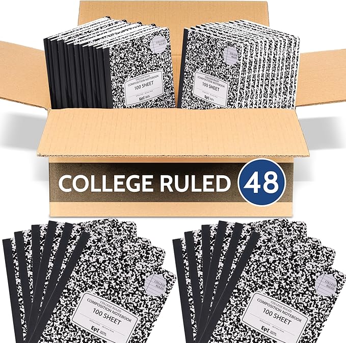 EPI Marble Hardcover College Ruled Composition Notebook | 200 Pages (100 Sheets), 9.75 x 7.5 in, Sturdy Sewn Binding | School, Office, Journaling, Notes - 48 Pack