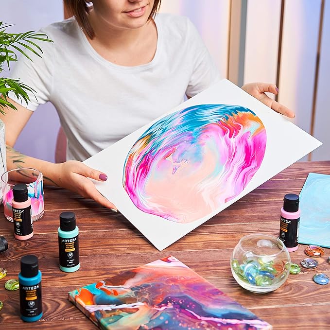 ARTEZA Acrylic Pouring Paint Set of 32, 2 ounce Bottles, Assorted Colors, High Flow Paint, Art Supplies for Pouring on Canvas, Glass, Paper, Wood