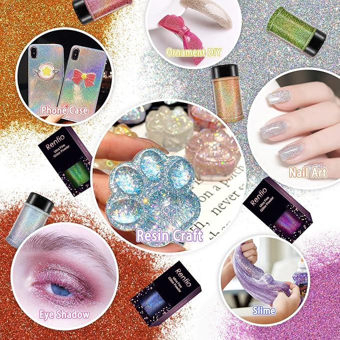 Renfio Holographic Ultra Fine Glitter Powder Metallic Resin Glitter 2.11 Oz (60g) PET Flakes Crafts Sequins 1/128" 0.008" 0.2mm Epoxy Chips Flakes for Tumblers Slime - Laser Pink