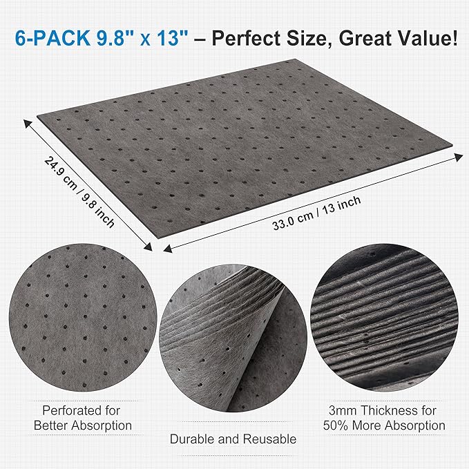 AAwipes Oil Absorbent Pads Universal Multi-Liquid Spill Control Tear-Off Design for Garage, Workshop, Industrial Use Heavy-Duty 9.8" x 13" Grey 20-Pack (OG1013T-20)