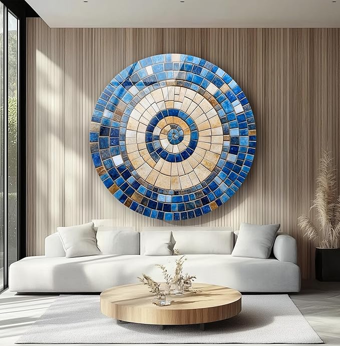 My Photostation.com 24''(60cm) Diameter Coastal Sunburst Beige & Blue Round Glass Wall Art Tempered Glass Printing Wall Decor Large Wall Art Wall Hangings