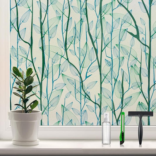DKTIE Window Film Privacy with Installation Tools, Decorative Stained Glass Window Clings for Home, Static Cling Window Sticker for Front Door, Bathroom (Green, 17.7'' x 78.7'')