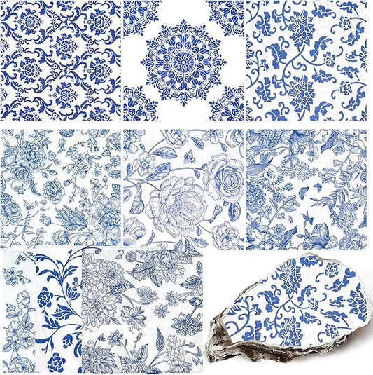 Decoupage Napkins Assorted Floral 27 Pack 9 Styles for DIY Crafting Birthday Party ， Decorative Decoupage Napkins Cocktail Paper ，Each Unfolded 13 Inch (Blue and White Floral)