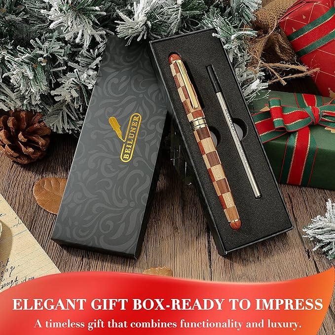 BEILUNER Luxury Wood Ballpoint Pen Writing Set, Chess Style - Elegant Fancy Nice Gift Pen Set for Signature Executive Business Office Supplies - Gift Boxed with Extra Refills (Black)