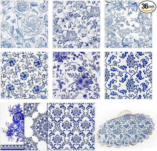 Crtiin 36 Pack 9 Styles Decoupage Napkins Assorted Floral Decorative Decoupage Napkins Chinoiserie Cocktail Paper for DIY Crafting Birthday Party, Each Unfolded 13 Inch(Blue and White Floral)