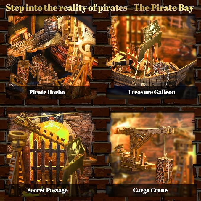 Book Nook Pirate Kit - DIY Miniature House Kit for Adults, Teens, Dollhouse Booknook Bookshelf Insert Decor with LED Light, 3D Wooden Puzzle Gifts for Family, Friends