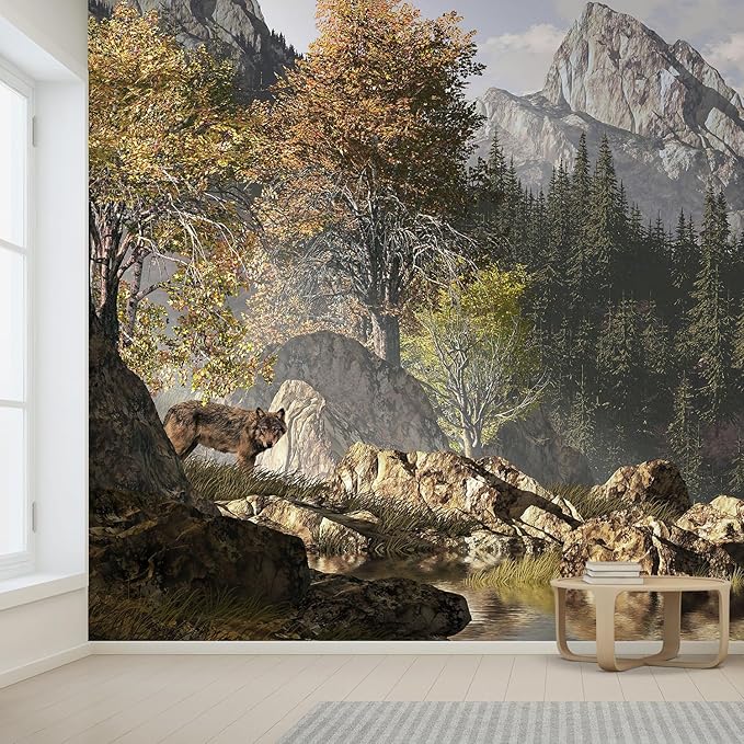 wall26 Wall Sticker/Wall Mural Wolf Near a Lake in a Rocky Mountain Landscape, Not Peel and Stick, Non-Woven Wallpaper Decorative for Bedroom, Living Room, Office - 120x144 inches