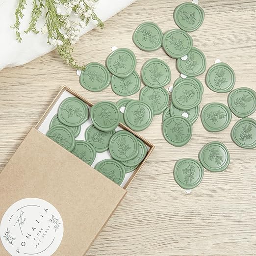 PONATIA Dark Sage Green Wax Seal Stickers - Wedding Seal Stickers, 50 Pcs Self- Adhesive Stickers, Perfect for Invitation Cards, Envelopes, Christmas Cards, Gift Wrapping, Party Menu Décor