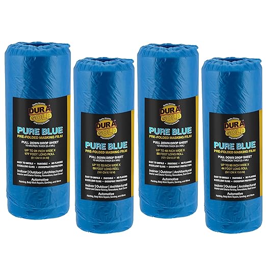 Dura-Gold Pure Blue Pre-Folded Masking Film, (4 Pack of 24, 48", 72", 95") Painters Plastic Roll, Pull Down Drop Sheet, Pre-Folded Plastic Sheeting for Painting Protection on Auto, Walls, Furniture