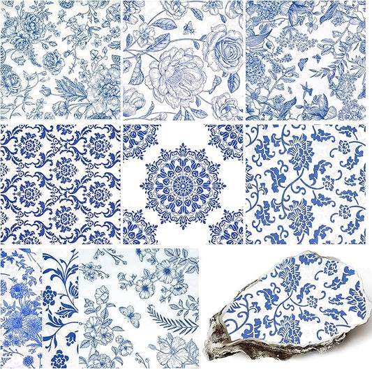 Decoupage Napkins Assorted Floral 27 Pack 9 Styles for DIY Crafting Birthday Party ， Decorative Decoupage Napkins Cocktail Paper ，Each Unfolded 13 Inch (Blue Floral)