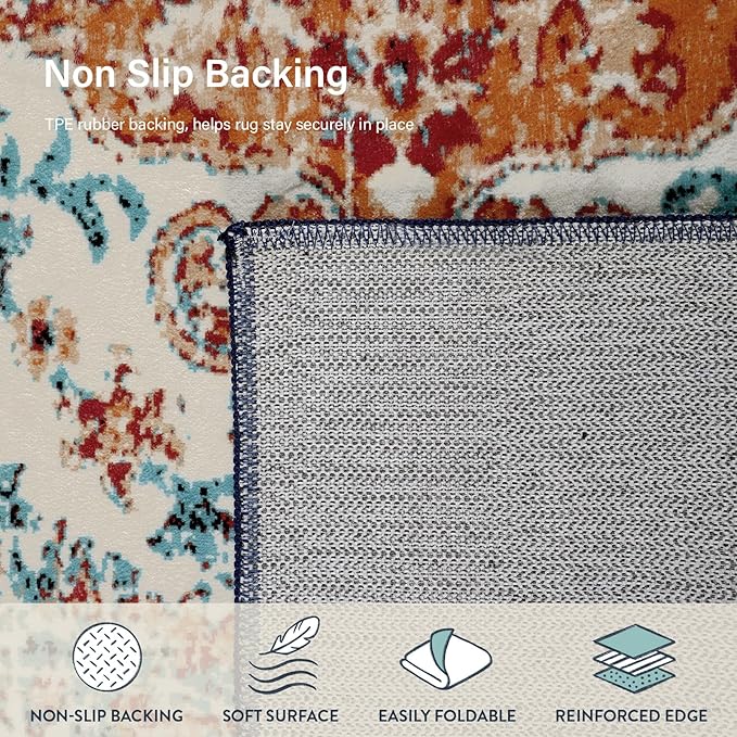 Lahome Area Rugs 9x12 Living Room Rug,Large Boho 9 x 12 Area Rugs for Living Room Washable Bedroom Rug,Boho Vintage Soft Non-Slip Printed Indoor Carpet for Dining Room Home Office(9x12ft,Orange)