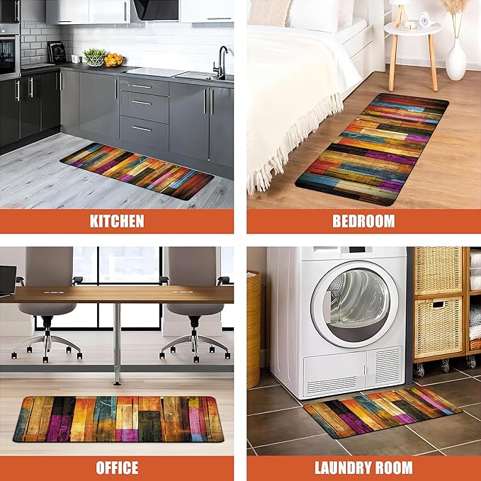 Kitchen Mats for Floor Colorful kitchen rugs Cool Wooden Abstract Anti Fatigue Kitchen Mats Waterproof Floor Mats Cushioned Non-Skid Standing Mats for Laundry, Sink, Set of 2,17.3 x 28+17.3 x 47 Inch