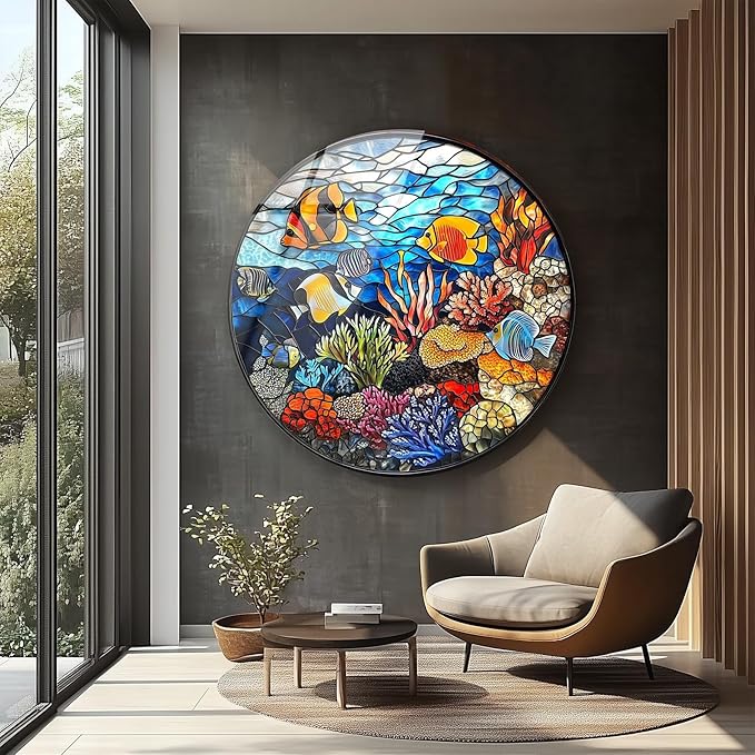 My Photostation.com 39,4''(100cm) Diameter Coral Reef Mosaic Round Glass Wall Art Tempered Glass Printing Wall Decor Large Wall Art Wall Hangings