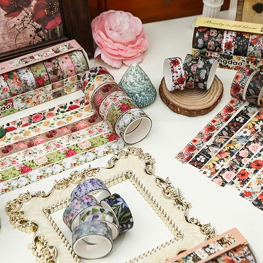 10 Rolls Blooming Flowers Washi Tape Set Floral Arts Adhesive Tapes Colorful Garden Decorative Masking Tape Sets for Craft, Kids, Scrapbook, DIY, Gift Wrapping (1-Pinky)