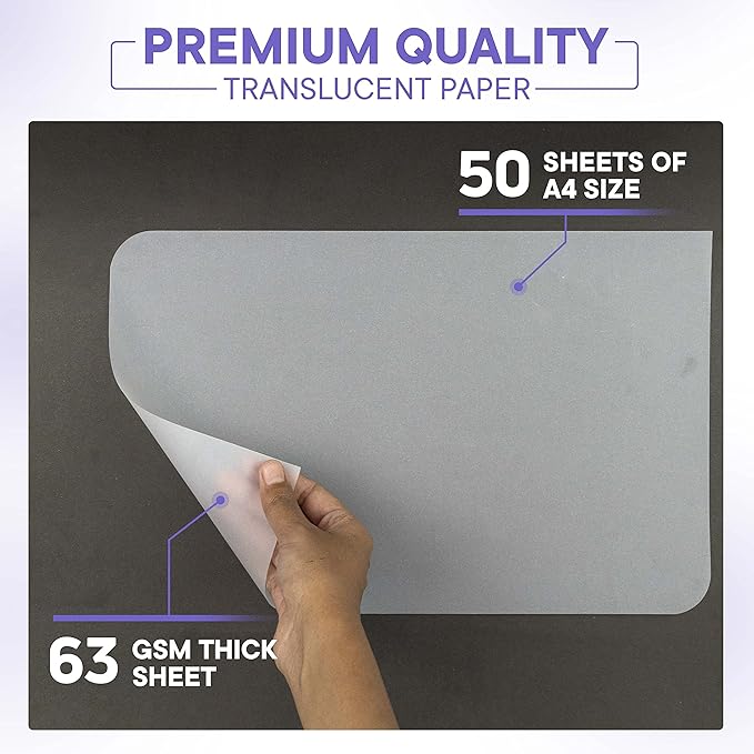 Xulmar Tracing Paper 8.5x11 inch 63 GSM - Pack of 50 Sheets Tracing Paper for Sewing Patterns, Drawing Overlays & Sketching on Art Paper & Sketch Book