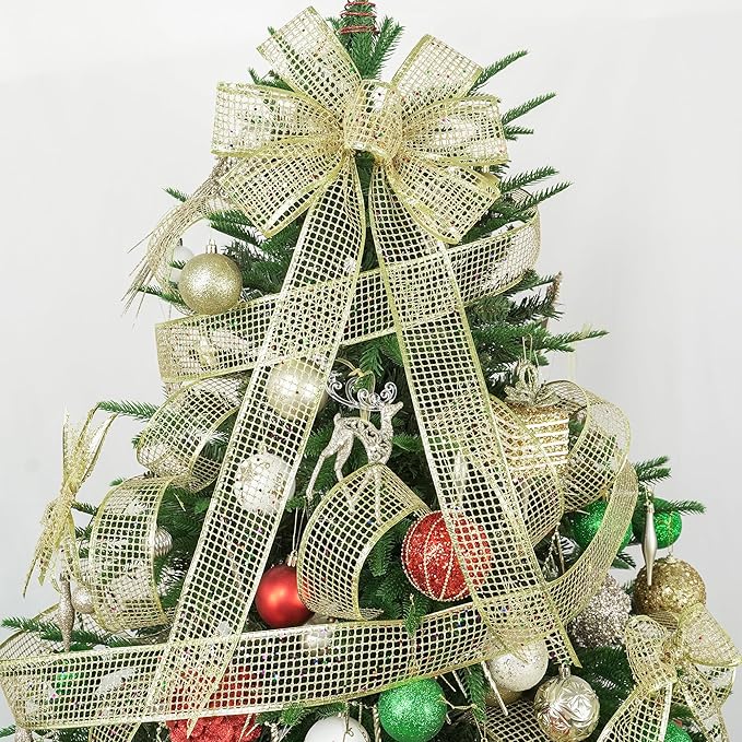 MEEDEE Gold Glitter Ribbon Gold Christmas Ribbon 2.5 Inch Square Mesh Net Wired Ribbon with Rainbow Sparkle Gold Wired Ribbon Gold Ribbon for Christmas Tree Decoration, Wreath Bow Making (10 Yards)