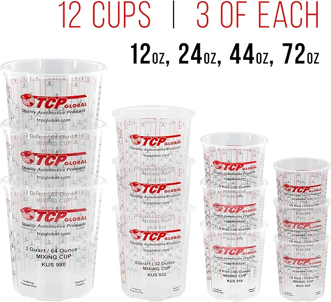 Pouring Masters Ultimate Paint Mixing Cup Kit - 12 Plastic Graduated Mixing Cups, 3 Each of 12, 24, 44, 72 Ounce Sizes - 12 Mixing Sticks, 12 Paint Strainers, 2 Tack Cloths, Mixer Blade, Can Opener