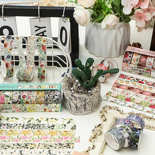 10 Rolls Blooming Flowers Washi Tape Set Floral Arts Adhesive Tapes Colorful Garden Decorative Masking Tape Sets for Craft, Kids, Scrapbook, DIY, Gift Wrapping (3-Blooms)