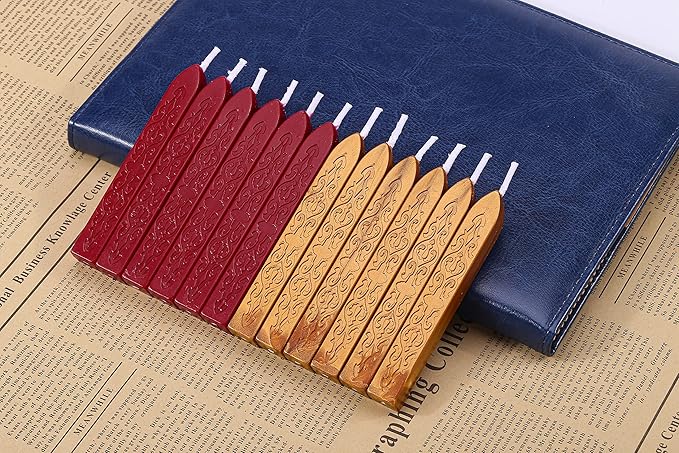 Yoption 12 Pcs Sealing Wax Sticks with Wicks, Antique Wine Red Dark Gold Totem Fire Manuscript Seal Wax for Wax Seal Stamp