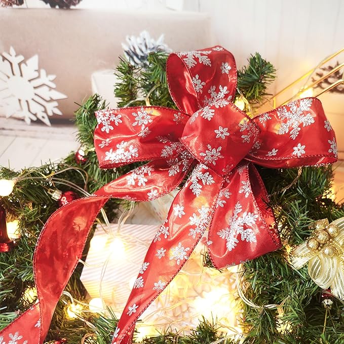 CT CRAFT LLC Red Metallic with Silver Glitter Snowflake Wired Ribbon 2.5 Inch x 25 Yards for Christmas Home Decor Tree Topper Bow Gift Wrapping DIY Crafts Wreath Garland