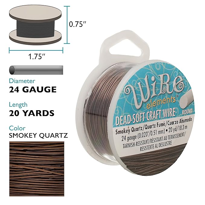 The Beadsmith Wire Elements Craft Wire – Tarnish Resistant, Soft Temper, Round, Smoke Quartz Color – 0.51mm, 24 Gauge, 20 Yard Spool – Jewelry Making, Wire Wrapping, Floral, & Other DIY Crafts