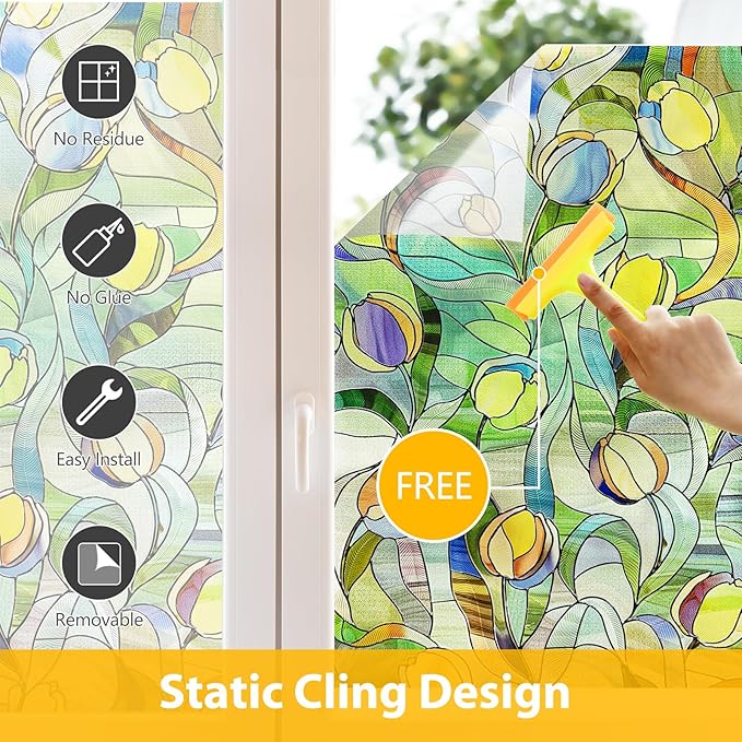 3D Stained Glass Window Film, Decorative Window Privacy Film for Bathroom,Front Door,Home, Sun Blocking Heat Control,Static Cling, Moonlight Tulip, 23.6inch x 35.4inch
