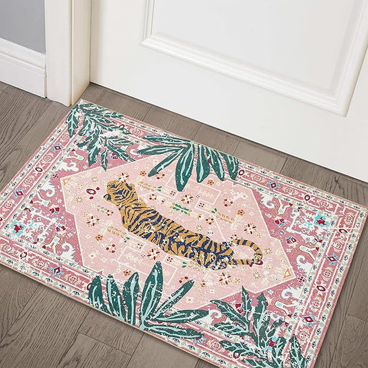 Hippie Rugs, 2x3 Faux Wool Tropical Pink Boho Throw Rugs for Bathroom Kitchen Small Indoor Entryway Rug Modern Vintage Distressed Indian Accent Floor Mat Non-Slip Washable