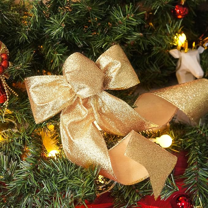 CT CRAFT LLC Glitter Wired Ribbon 2.5" x 10 Yards Yellow Gold for Christmas Home Decor Bow Gift Wrapping DIY Crafts Wreath