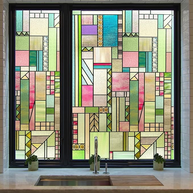 3D Stained Glass Window Privacy Film, Heat Control UV Blocking Static Cling Decorative Window Film for Bathroom,Front Door,Home Non Adhesive,Colorblock 16.9 x 39.3 inches