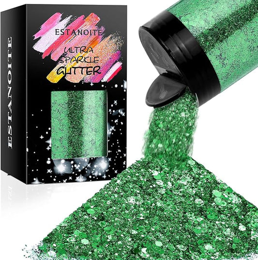 Chunky Glitter, 160G/5.64OZ Craft Glitter for Epoxy Resin, Mixed Fine Glitter & Chunky Glitter, Metallic Chunky Glitter for Hair, Nail Arts, Body, Bulk Glitter for DIY Tumbler Painting (Xmas Green)