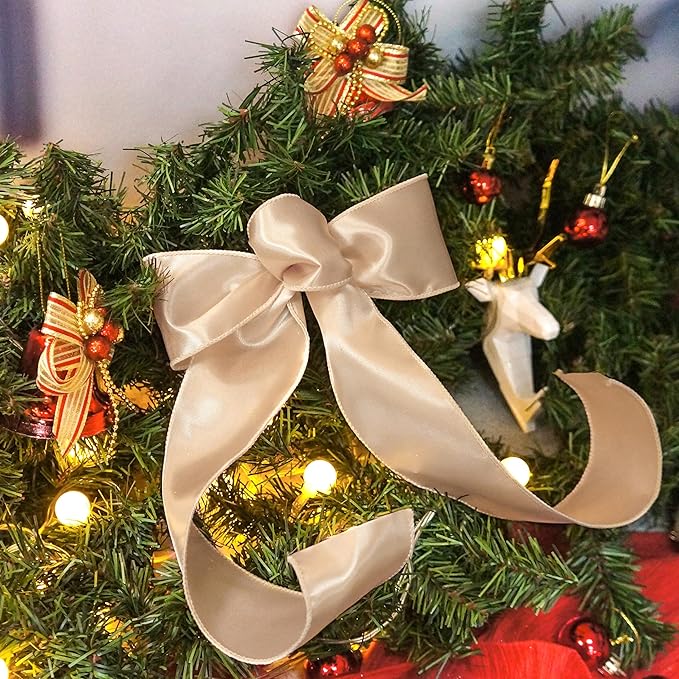 CT CRAFT LLC Satin Wired Ribbon 2.5 Inch x 20 Yards Champagne Gold for Christmas Home Décor Gift Wrapping Tree Topper Bow Wreath DIY Crafts,