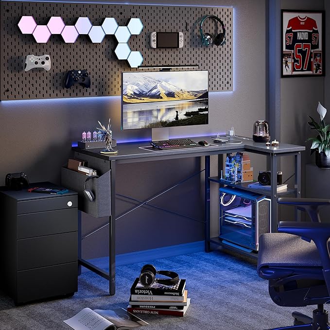 TIQLAB L Shaped Computer Desk with Power Outlets, 55 Inch Small Corner Desk with Reversible Shelves, Gaming Desk Computer Table Study Writing Table for Home Office Bedroom Small Space, Black