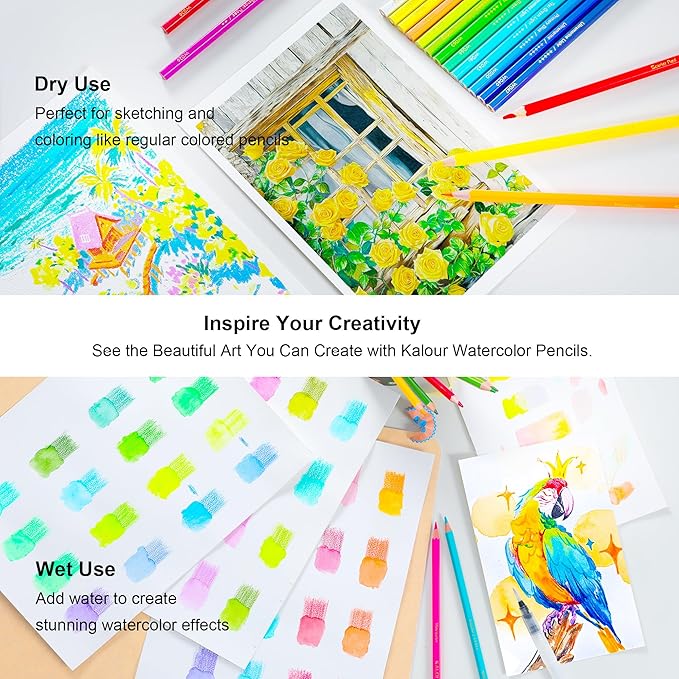 KALOUR Watercolor Pencils,50 Colors, Blendable Wet or Dry, Ideal for Coloring Books and Art